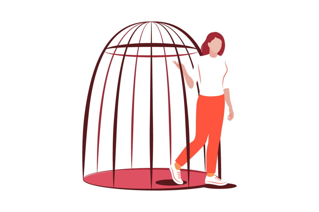 Eine junge Frau verlässt einen Käfig